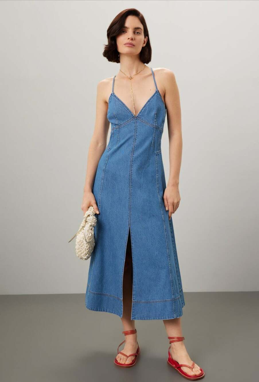 Tanya Taylor Hendrix Dress 14 Dark Blue Denim Cross Back Slit Midi Minimalist